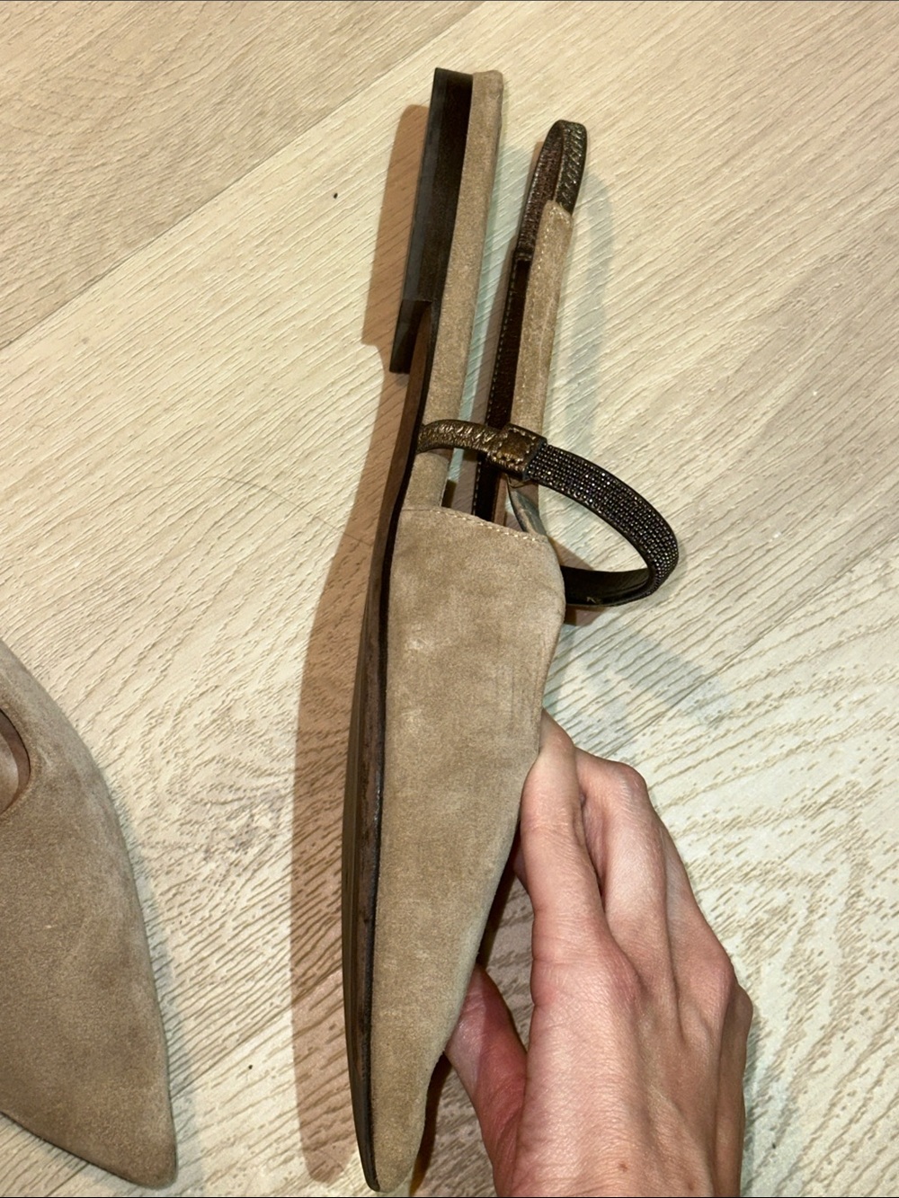Brunello Cucinelli Taupe Pointed-Toe Slingback Mules with Monili Strap - Picture 8 of 13